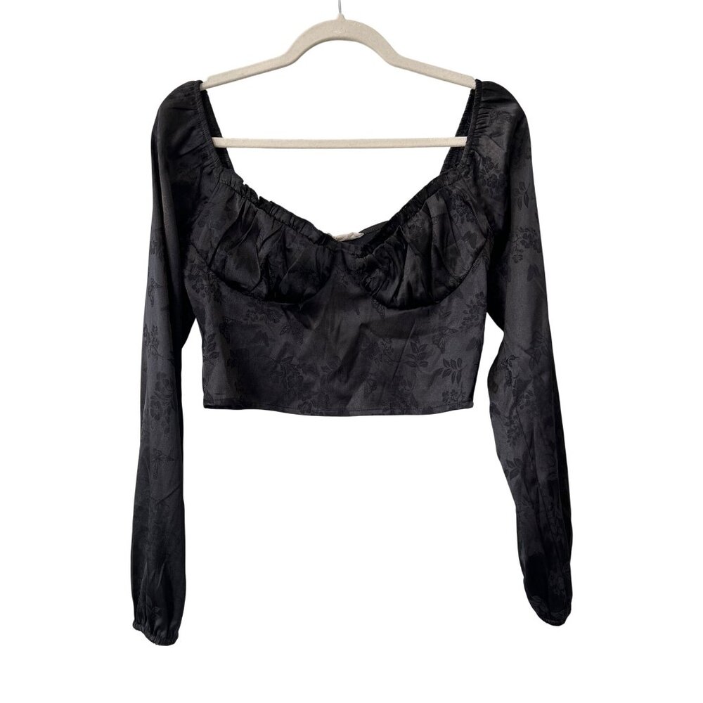 La Hearts Crop Top Size Small Floral Satin Long Sleeve Ruffle Boho Dark Feminine